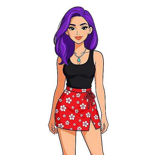 Digital drawing of a confident woman with purple hair, black tank top, red floral skirt, and turquoise necklace, standing against a white background.