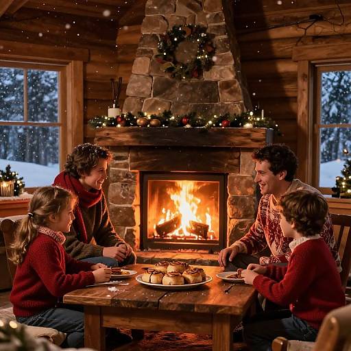Photograph of a cozy, wooden cabin scene with four people, two men and two children, gathered around a roaring fireplace, sharing cookies and smiling warmly