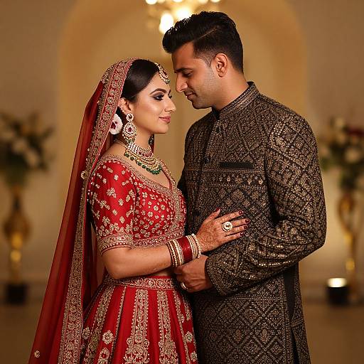 Photograph of an Indian couple in traditional wedding attire, standing close, gazing at each other. She wears a red lehenga with gold embroidery,