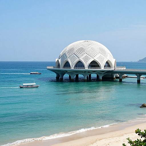 Photograph of a white, lattice-dome pier extending over clear blue ocean, with small boats and sandy beach in the foreground.
