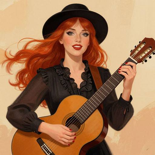 Digital painting of a red-haired woman with fair skin, wearing a black hat and ruffled black dress, playing an acoustic guitar.