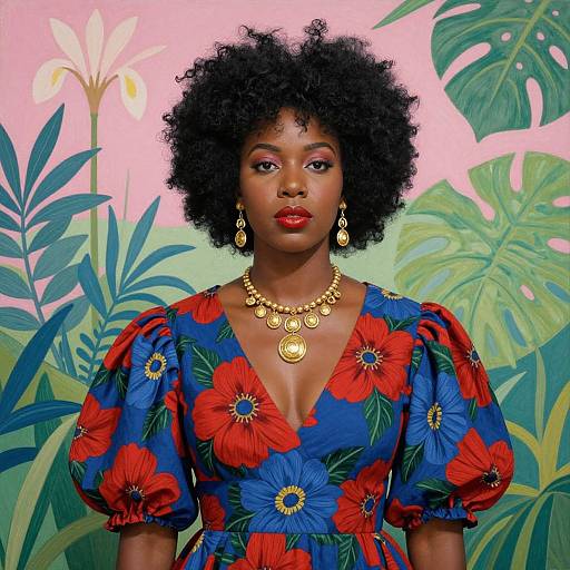 Photograph of an African woman with dark skin and curly black hair, wearing a red and blue floral dress, gold jewelry, and standing against a tropical