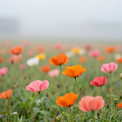 Vibrant Poppies in Misty Meadow