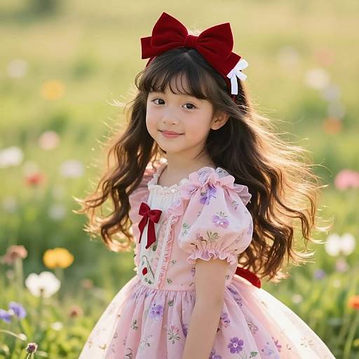 Photograph of an Asian girl with long, wavy brown hair, wearing a pink floral dress with red bows, standing in a sunlit, colorful
