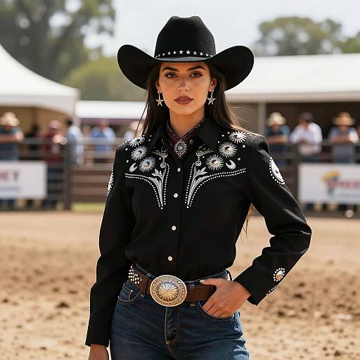 Woman in Black Cowgirl Outfit at Rodeo