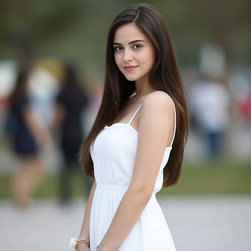 Photograph of a young woman with long, dark brown hair, wearing a white, sleeveless dress, standing outdoors with a blurred, busy background.