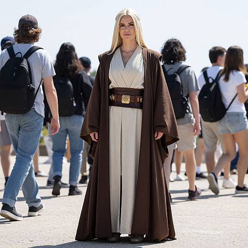 Photograph of a blonde woman in a brown Jedi robe and white tunic standing among a crowd of casually dressed students.