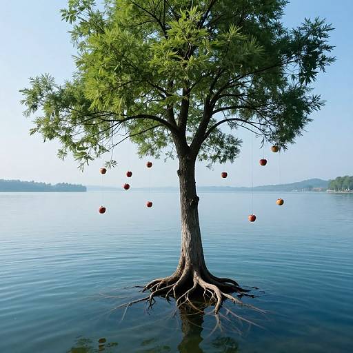 Photograph of a lone tree with green leaves and hanging oranges standing in calm, blue water with a clear sky background.