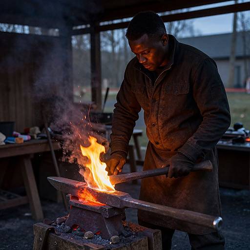 Photograph of a Black blacksmith in a dark, wood-paneled workshop, wearing a brown coat, hammering an anvil with a bright,