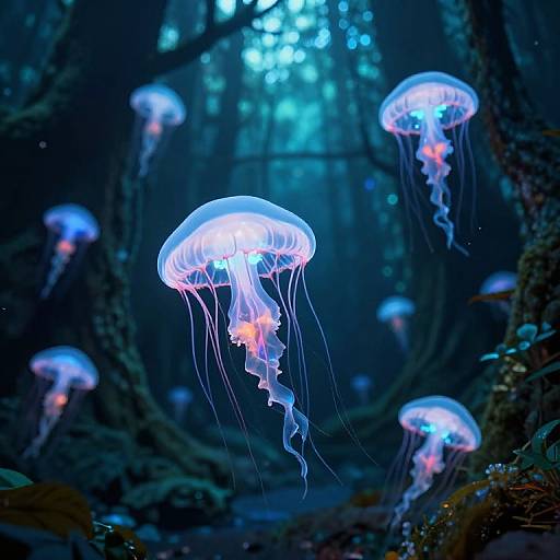 Bioluminescent Jellyfish in Mystic Forest
