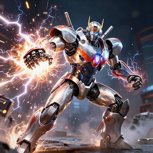 Dynamic CGI image of a futuristic, silver and blue robotic warrior with glowing red and blue lights, firing electricity from a clenched fist, amidst a dark