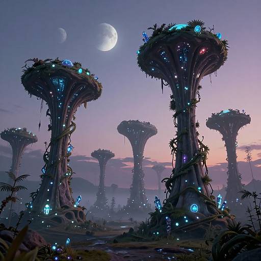 Digital fantasy artwork of glowing, alien-like trees with bioluminescent orbs under a crescent moonlit twilight sky, surrounded by mist.