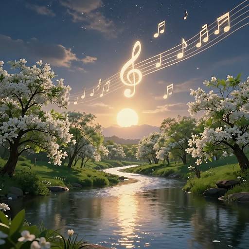 Digital artwork of a serene river at sunset, surrounded by blooming white cherry blossoms, with musical notes floating in the sky.