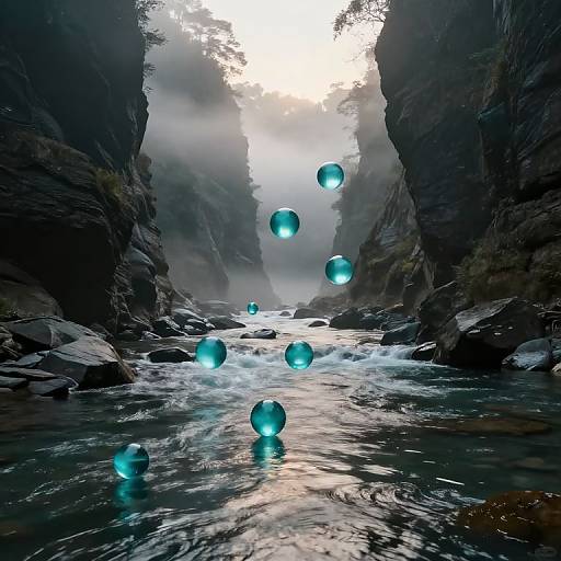 Photographic CGI of glowing blue orbs floating in a misty, rocky canyon stream, illuminated by soft, diffused daylight.