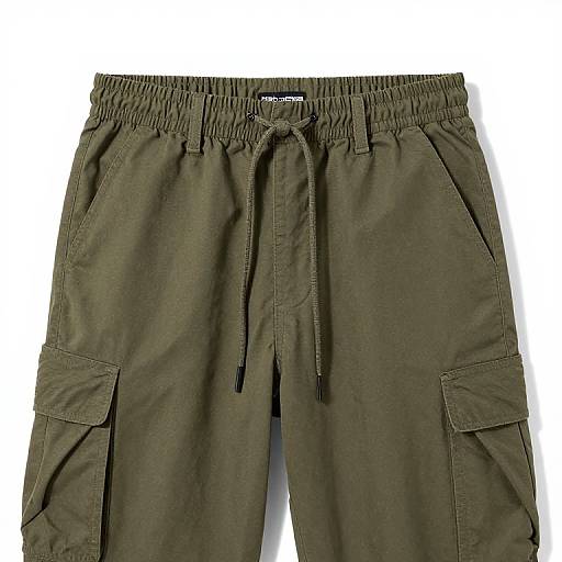 Photograph of olive green, cargo-style, drawstring shorts with side pockets, elastic waistband, and black tie detail on the front.