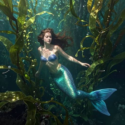 Digital artwork of a blue-scaled mermaid with flowing brown hair, shimmering turquoise tail, and blue seashell bra, floating among green seaw