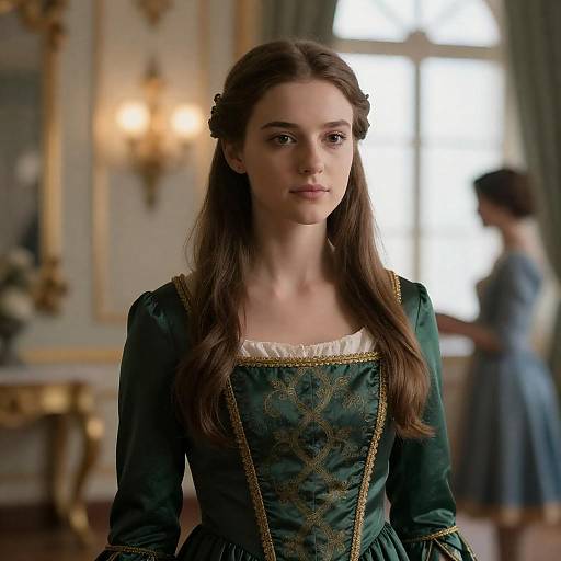 Young Woman in Ornate Green Dress