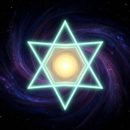 Glowing neon star with six points centered in a swirling, colorful cosmic background of purple, blue, and black hues.