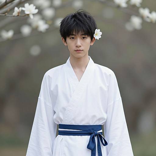 Photograph of an East Asian man in a white kimono with a blue obi, black hair with a white flower, standing outdoors amidst blooming
