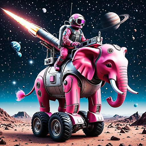 Aviator Elephant Riding Futuristic Robot in Space