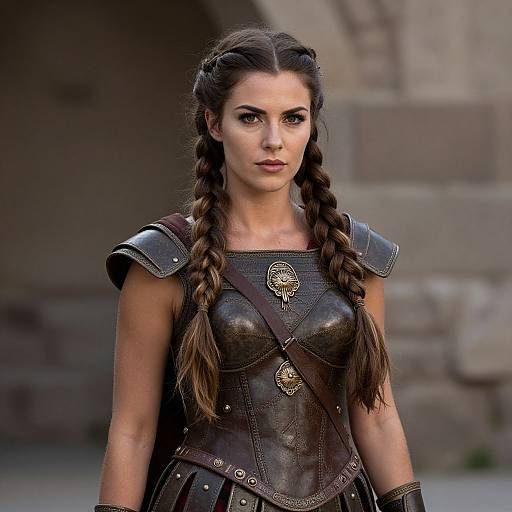 Photograph of a brunette woman with braided hair, wearing medieval-style dark leather armor with metal accents, standing against a stone building background.