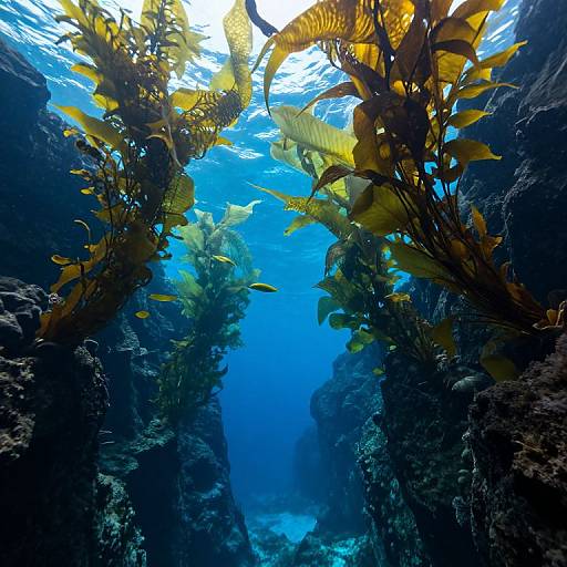 Photograph of underwater coral reef with vibrant yellow seaweed and small fish, illuminated by sunlight filtering through clear blue water.