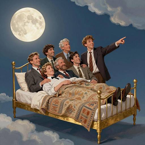 Vintage Men in Floating Bed Under Full Moon