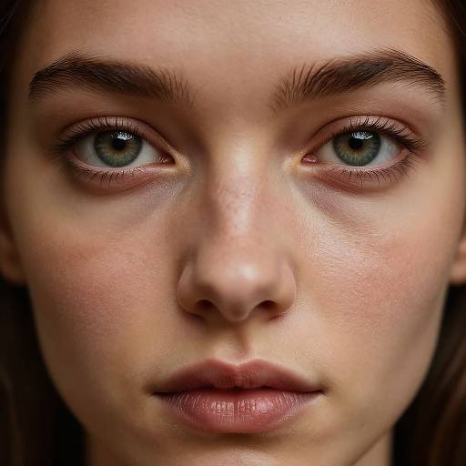Close-up photograph of a young woman with striking blue eyes, full eyebrows, fair skin, and pink lips, staring intently.