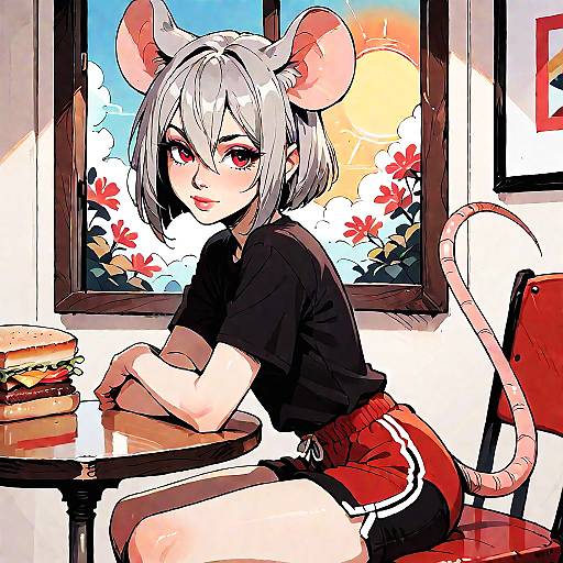 Sunset Window Mouse Girl at Table
