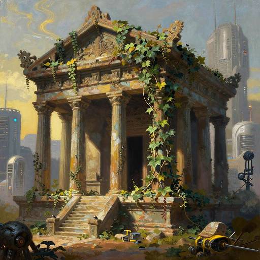 Futuristic Temple Ruins with Nanobot Ivy
