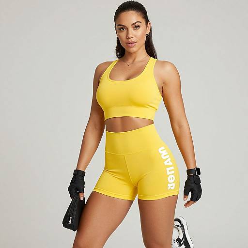 Photograph of a fit, tan-skinned woman with long black hair, wearing a yellow sports bra and shorts, black gloves, and holding a water