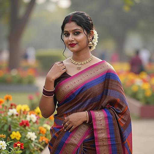 Young Indian Woman in Sambalpuri Silk Saree in Garden