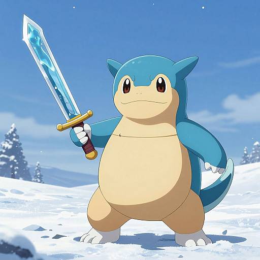 Digital drawing of a blue and beige Snorlax-like creature wielding a glowing ice-themed sword in a snowy landscape.