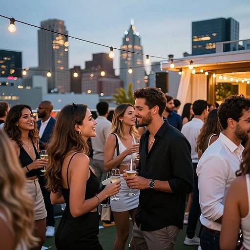 Photograph of a rooftop party at dusk, with diverse young adults in stylish black and white outfits, laughing and holding drinks under string lights, with city