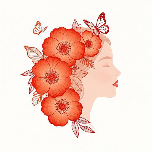 Digital illustration of a pale-skinned woman's profile adorned with vibrant red flowers and two butterflies, set against a white background.