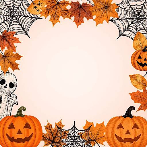 Halloween border illustration: Orange pumpkins, autumn leaves, black spider webs, white skull, and black cat eyes frame a white center.