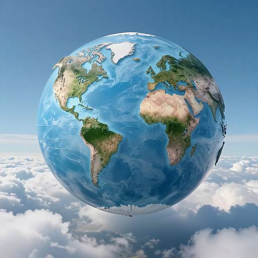 Photorealistic CGI of Earth from space, showing blue oceans, green and brown landmasses, and white clouds below, against a clear blue sky