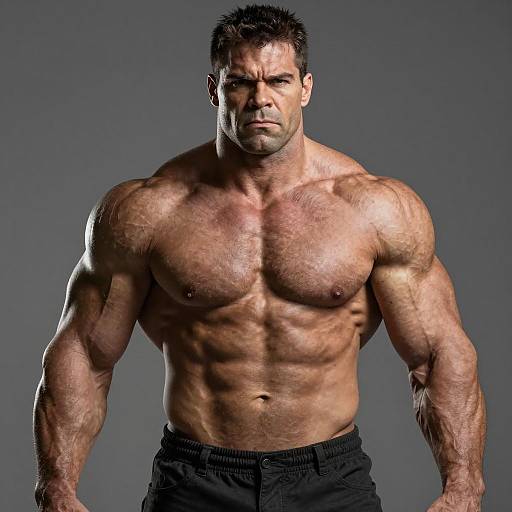 Hyper-Muscular Shirtless Man with Serious Expression