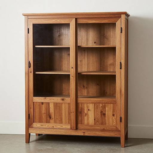 Photograph of a rustic wooden cabinet with two glass doors, four shelves, and black metal hardware, set against a white wall.