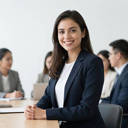 Photograph of a smiling, brown-haired woman in a black blazer and white shirt, seated at a conference table with blurred colleagues in the background.