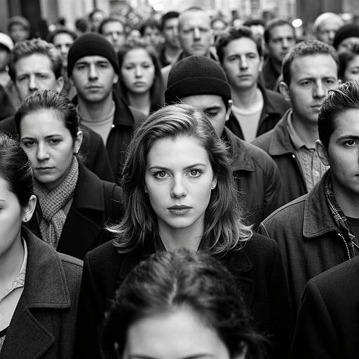 Black-and-white photograph of a crowd with a focused, serious-looking woman in the center, surrounded by men in dark clothing.