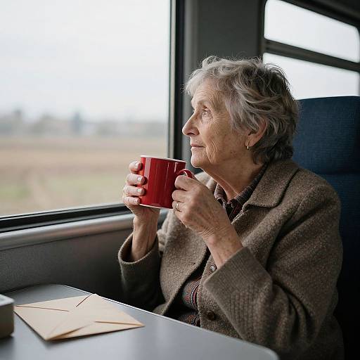 Photograph of an elderly woman with short gray hair, wearing a brown wool coat, sipping from a red mug in a train car, with a