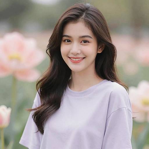 Photograph of a young Asian woman with long, wavy black hair, smiling, wearing a white sweater, standing in a blurred floral garden.