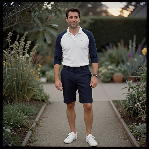 Photograph of a fit man with short dark hair, white and navy baseball shirt, black shorts, white sneakers, standing in a lush garden path.