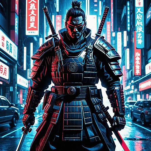 Cyberpunk Samurai Warrior in Neon-lit City