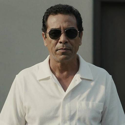 Photograph of a middle-aged Black man with short curly hair, wearing dark sunglasses and a white button-up shirt, standing against a plain gray background.