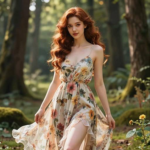 Photorealistic image of a fair-skinned, red-haired woman with wavy hair, wearing a floral sundress, standing in a sunlit forest