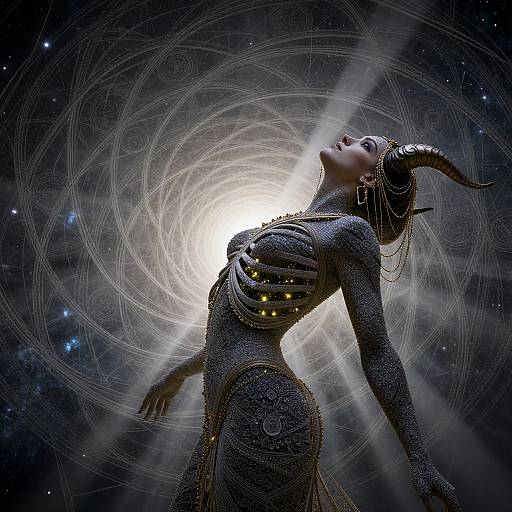 Digital art of a dark-skinned, horned woman with sparkling, intricate black outfit, arms raised, head tilted back, illuminated by a glowing white