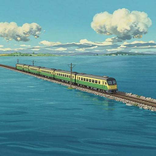 Digital illustration of a green and yellow train traveling on a rocky bridge over a vibrant blue ocean, with white clouds and distant mountains in the bright sky.