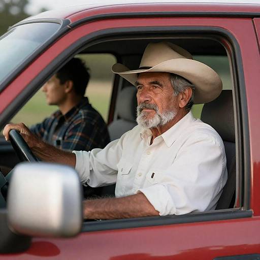 Focused Duo in a Sunlit Truck